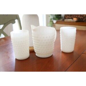 Vintage Anchor Hocking White Milk Glass Hobnail Jug & Two Cups 5”